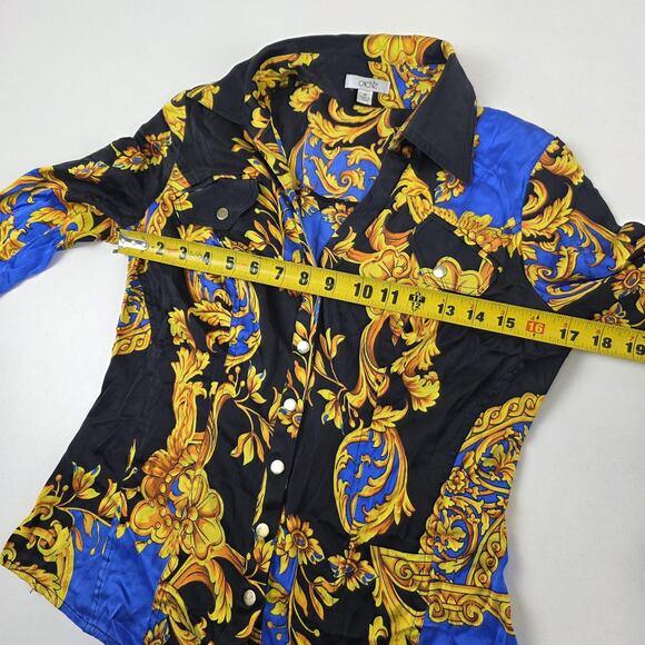 Cache Shirt Womens Medium Black Blue Gold Baroque Silk Stretch Snap Front Fitted - Picture 4 of 12